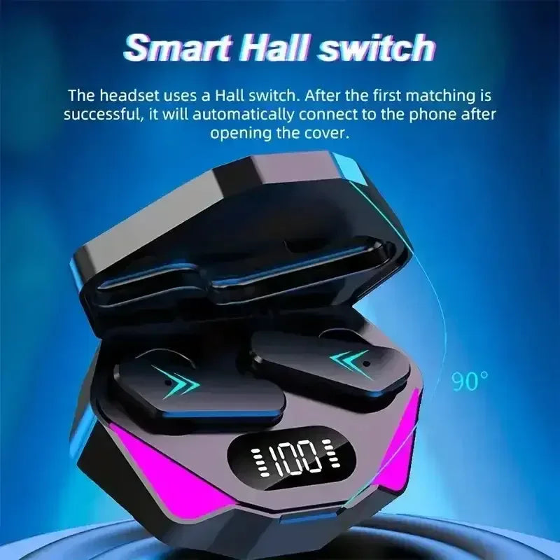 Black wireless earbuds in charging case with digital battery display and smart hall switch feature