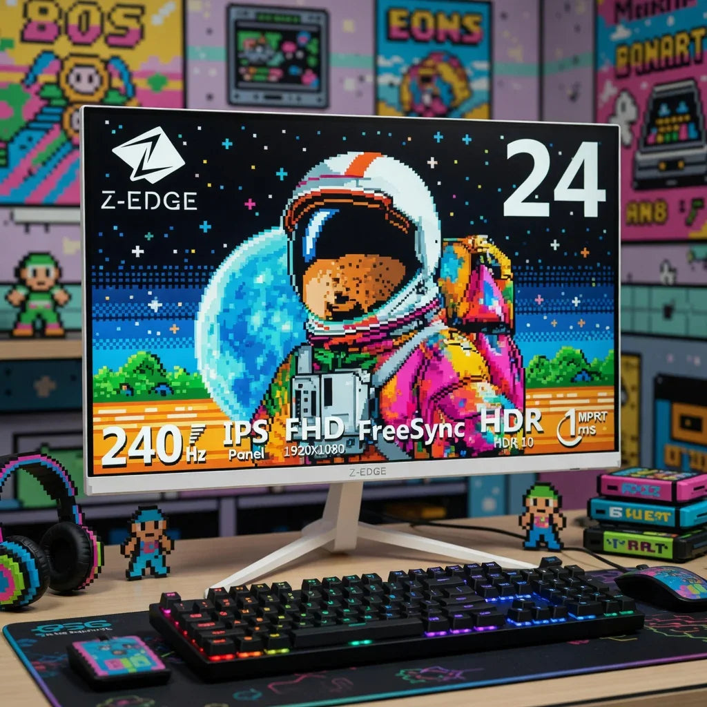 Colorful gaming desk setup with 8-bit themed monitor, mechanical keyboard, and pixel art decor.