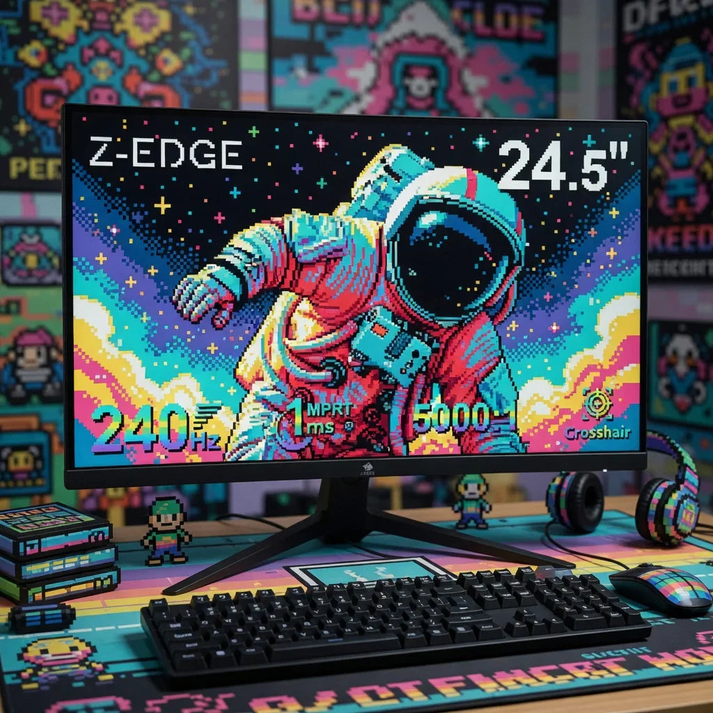 Retro gaming setup with an RGB keyboard, mouse, and headset, featuring a Z-EDGE 24.5-inch monitor displaying pixel art astronaut.