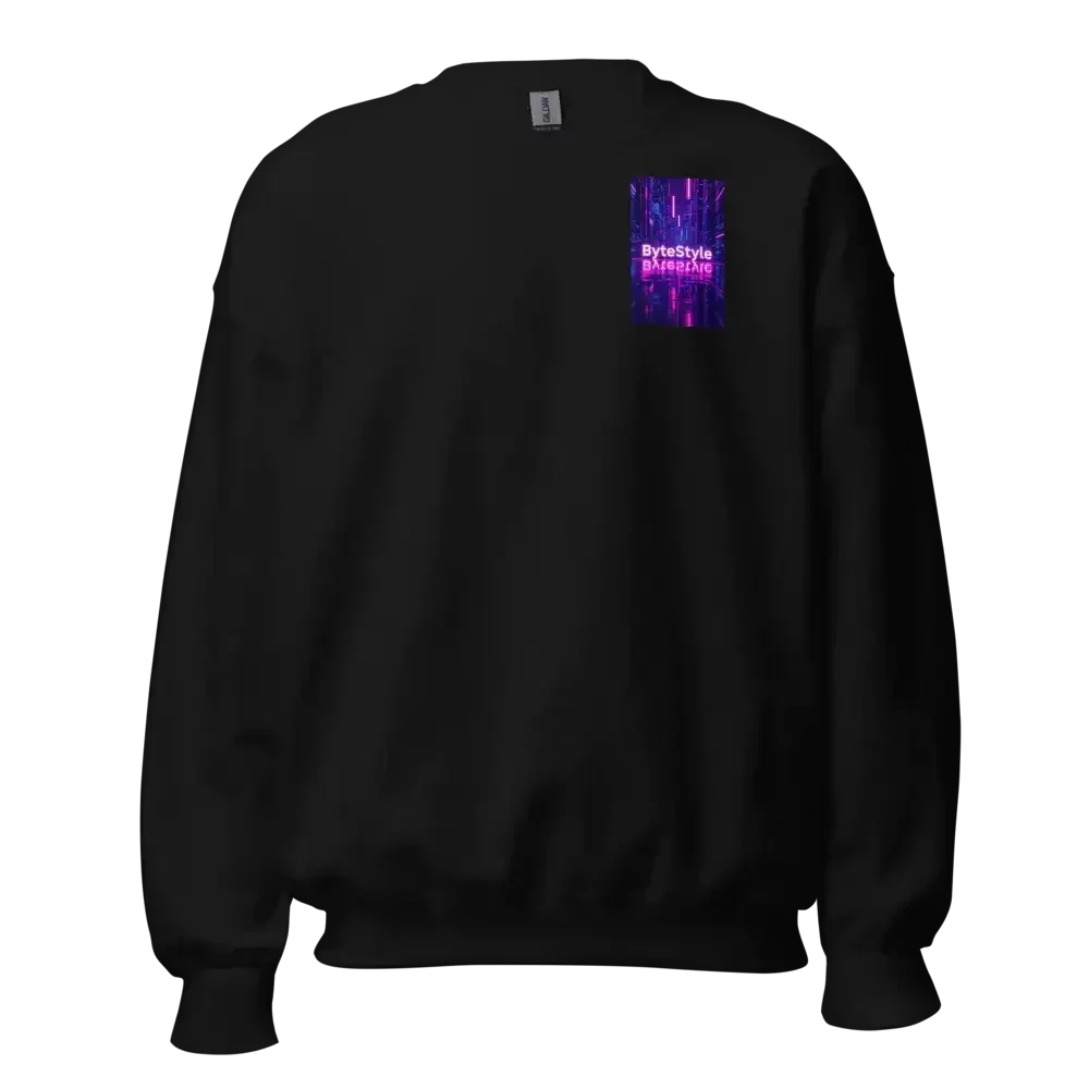 Black sweatshirt with neon pink and purple ByteStyle text and digital circuit design on chest