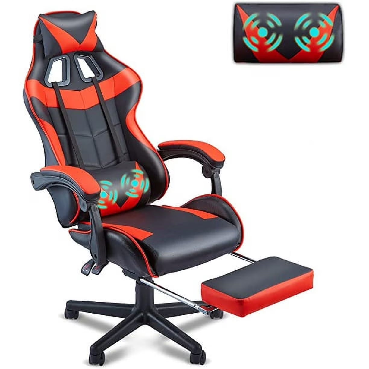 Red and black gaming chair with built-in massage, footrest, and lumbar support for ergonomic comfort