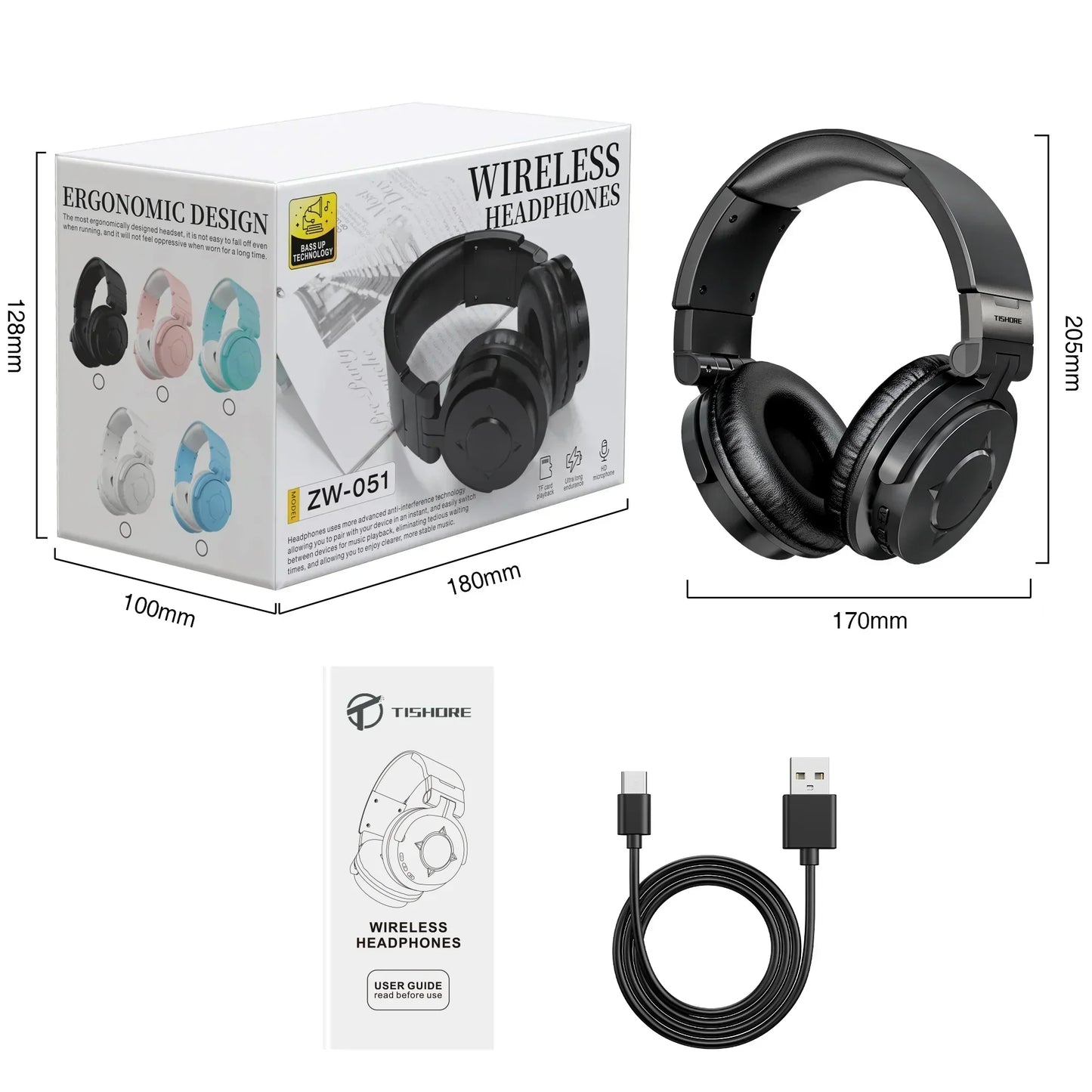 Wireless over-ear headphones in black with packaging, USB-C cable, and user guide, ideal for gaming.