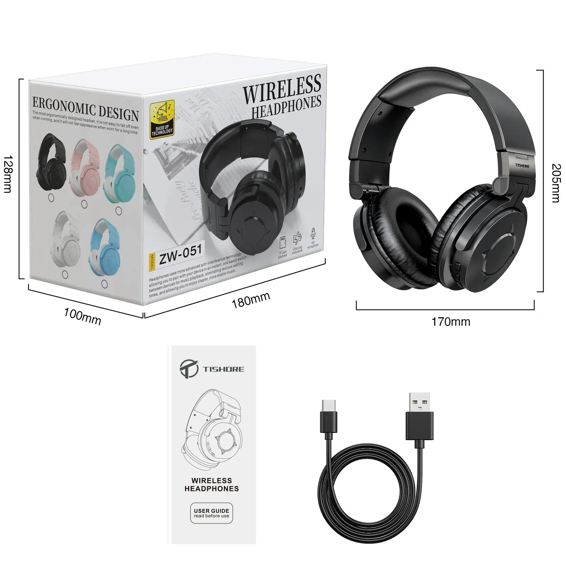 Wireless over-ear headphones in black with packaging, USB-C cable, and user guide, ideal for gaming.