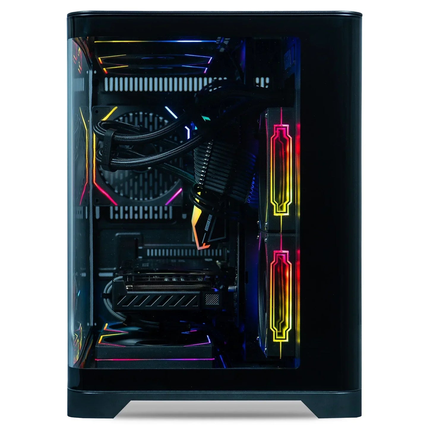 Gaming PC case with customizable RGB lighting, visible cooling fans, and high-performance hardware inside