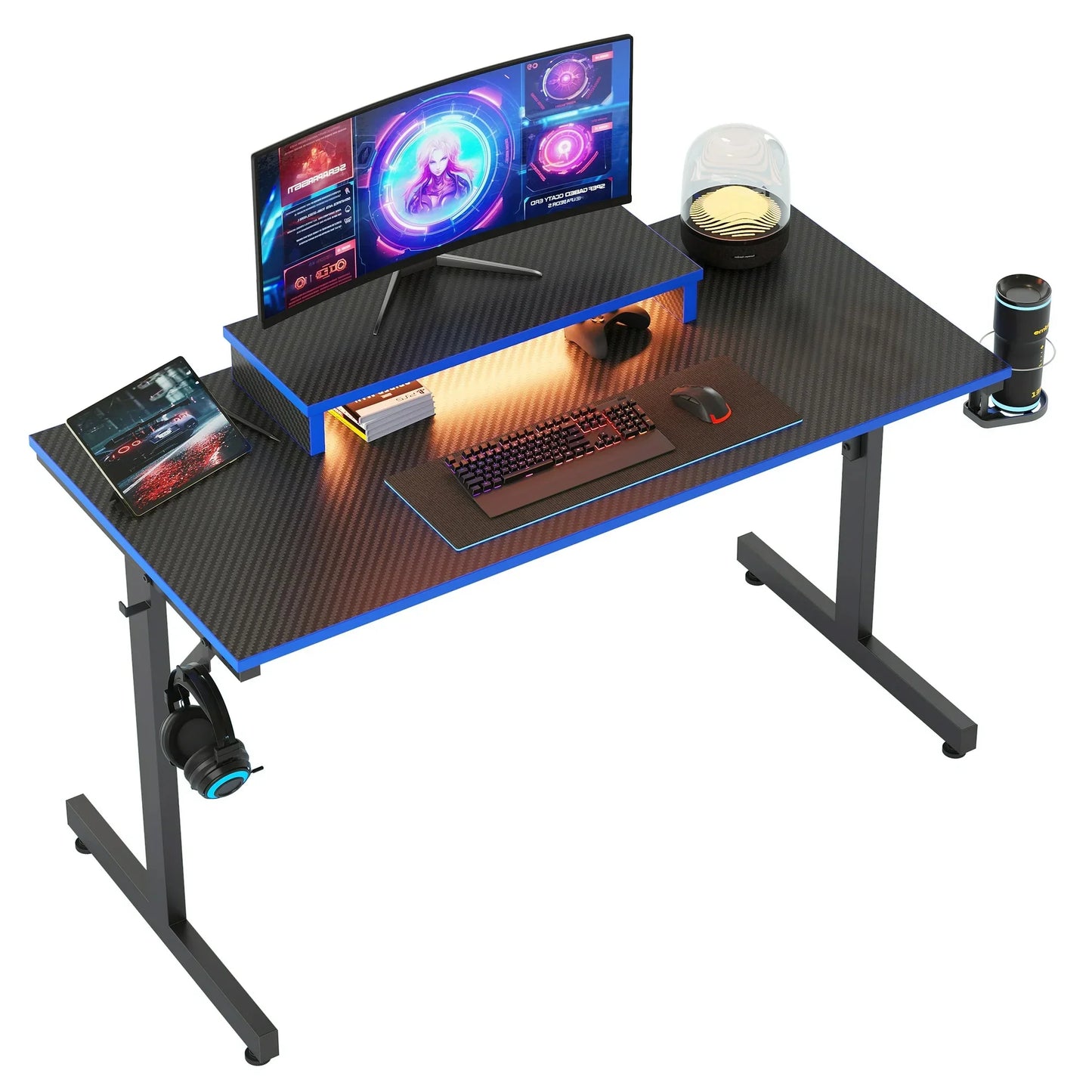 Black and blue carbon fiber gaming desk with curved monitor, RGB keyboard, mouse, headphones, and cup holder
