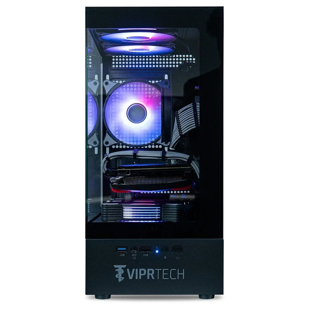 VIPRTech gaming PC with RGB-lit cooling fans inside black tower case, front USB and audio ports visible