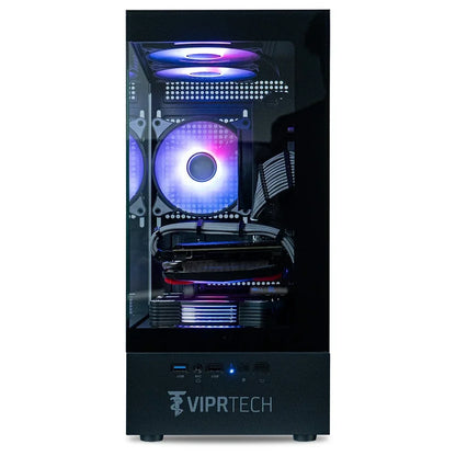 VIPRTech gaming PC with RGB-lit cooling fans inside black tower case, front USB and audio ports visible