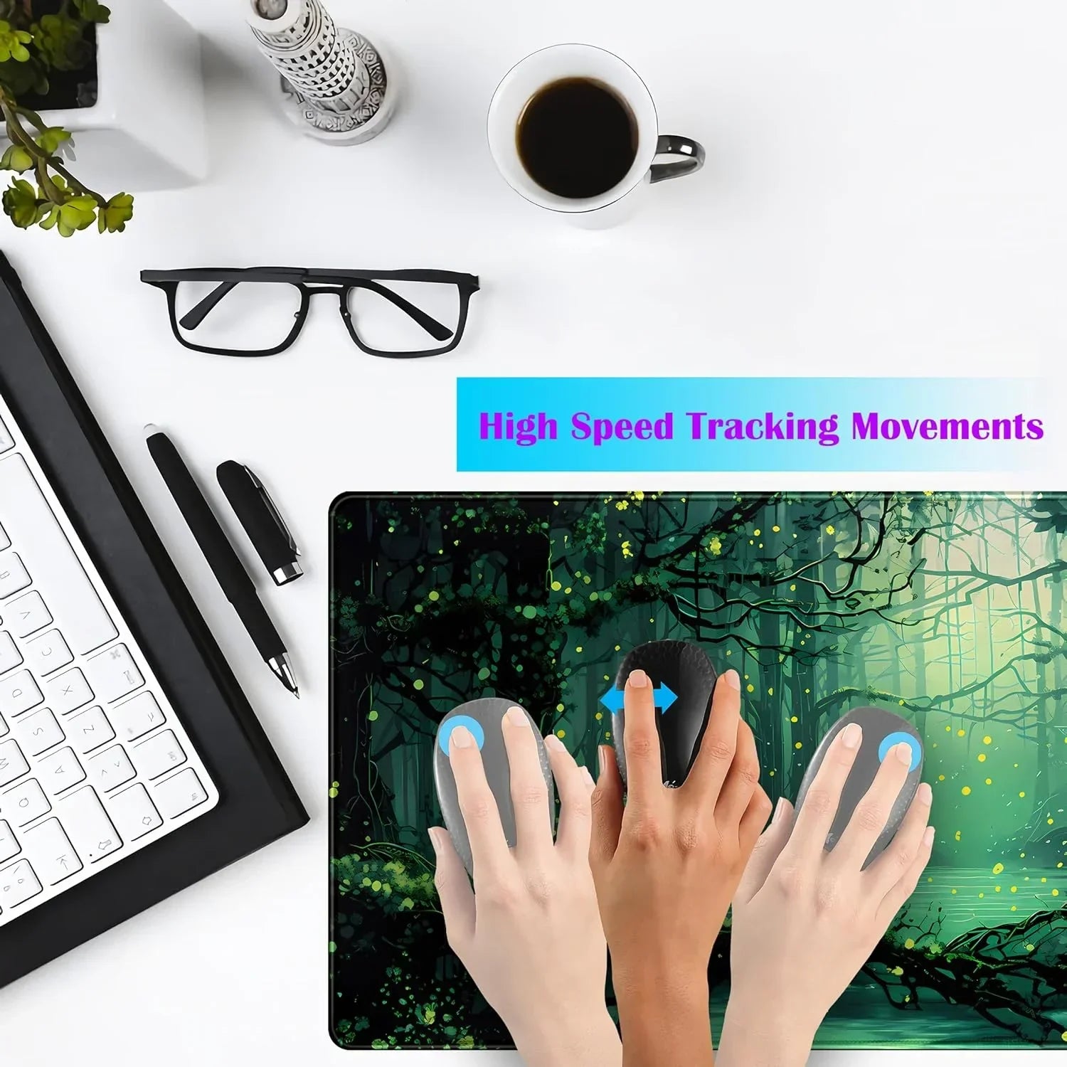 Three hands demonstrating high-speed tracking movements on a gaming mousepad with a forest design, next to keyboard, glasses, pens, and coffee