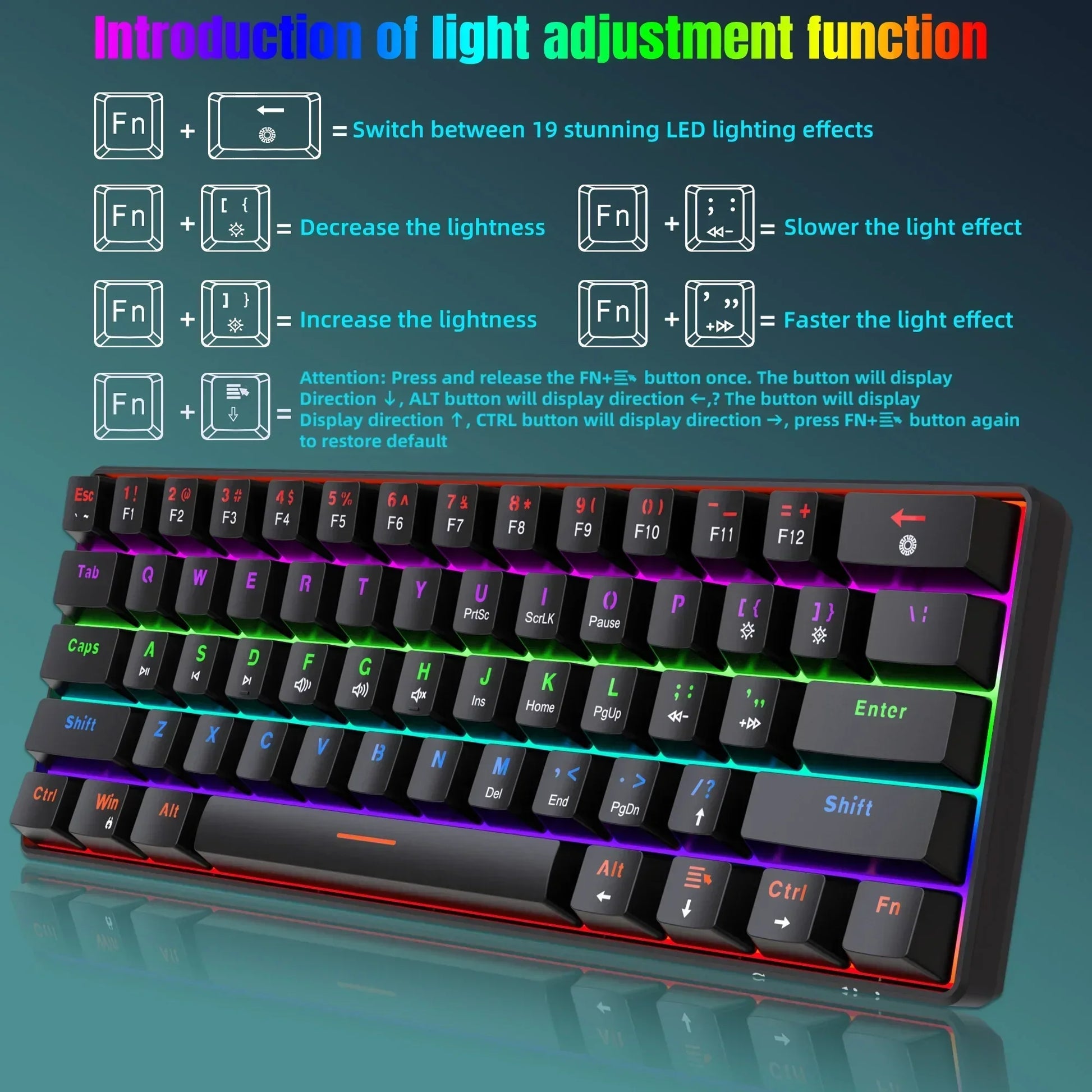 RGB gaming keyboard with shortcut guide for LED lighting effects and light adjustment functions