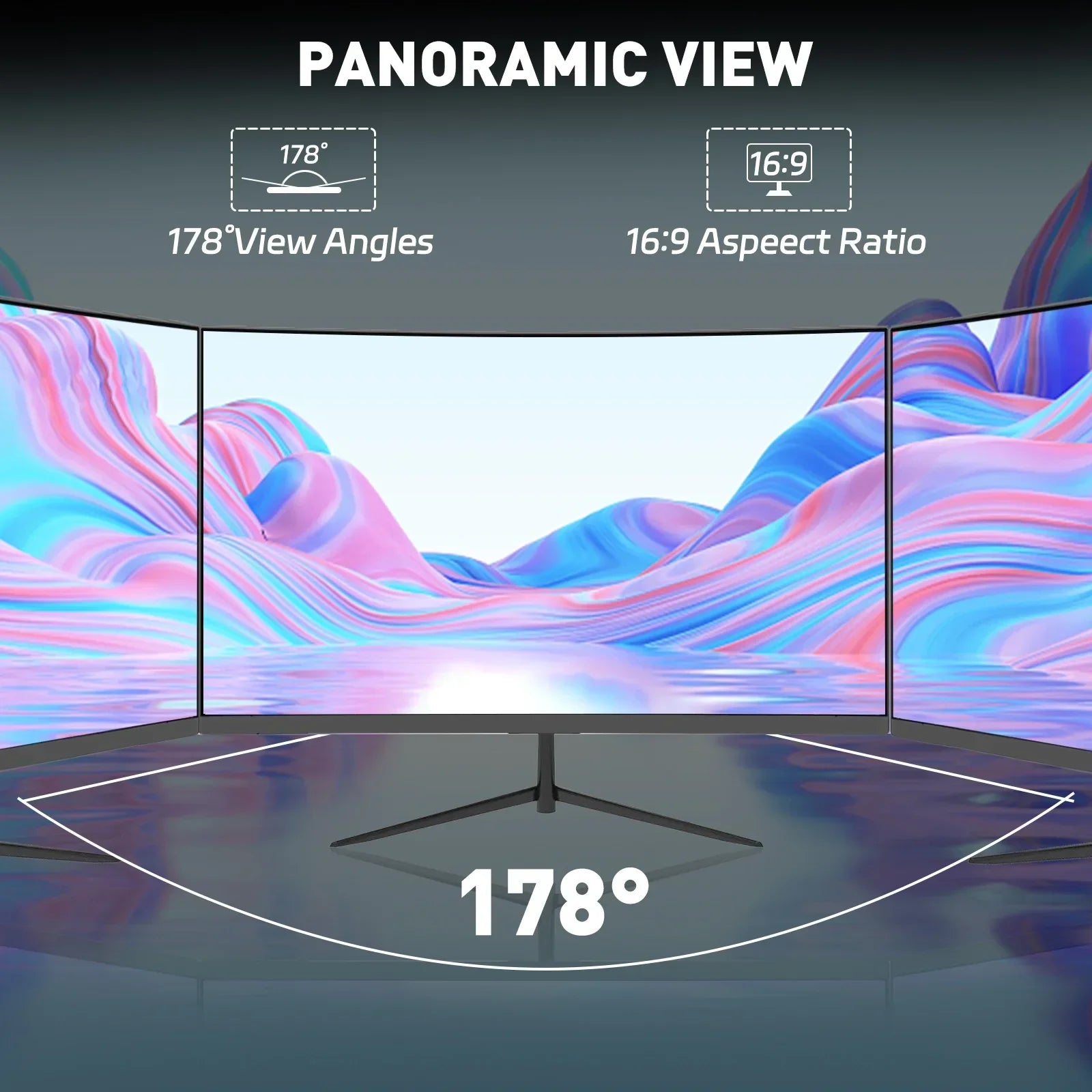 Curved triple monitors showing panoramic colorful landscape with 178° viewing angles and 16:9 aspect ratio