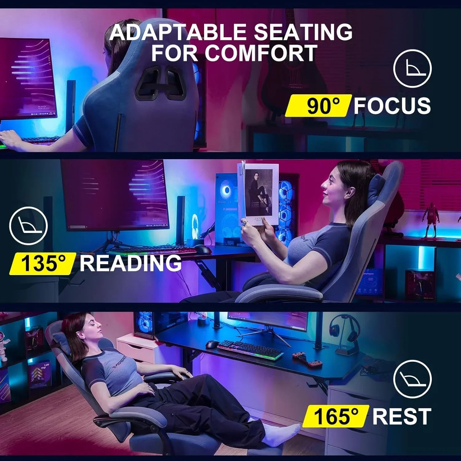 Woman using adjustable ergonomic gaming chair in three positions: 90° focus, 135° reading, 165° rest