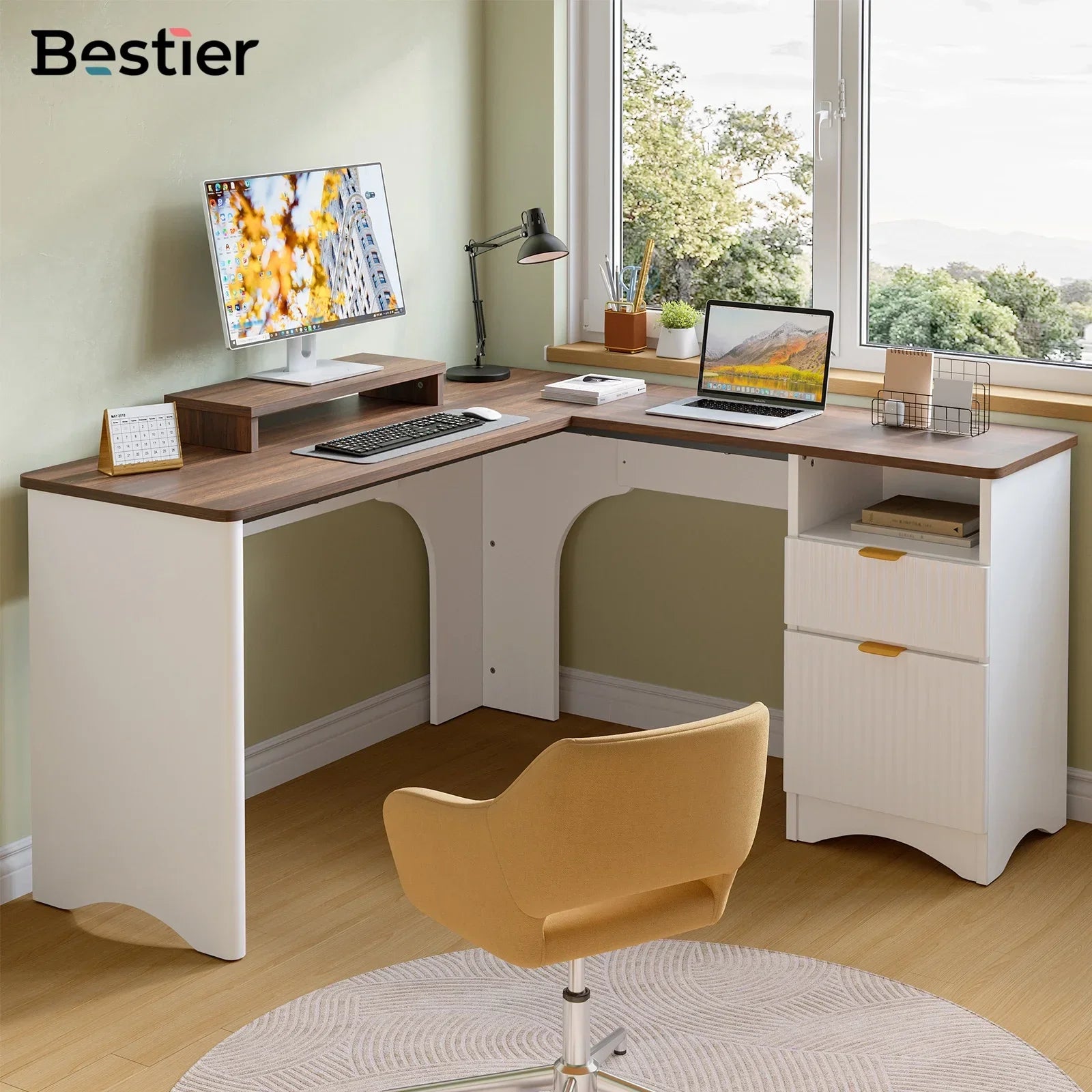 L Shaped Desk with Drawers, 55.7" X 55" Office Computer Desk with round Corners, Monitor Stand & Fluted Panels, White & Walnut