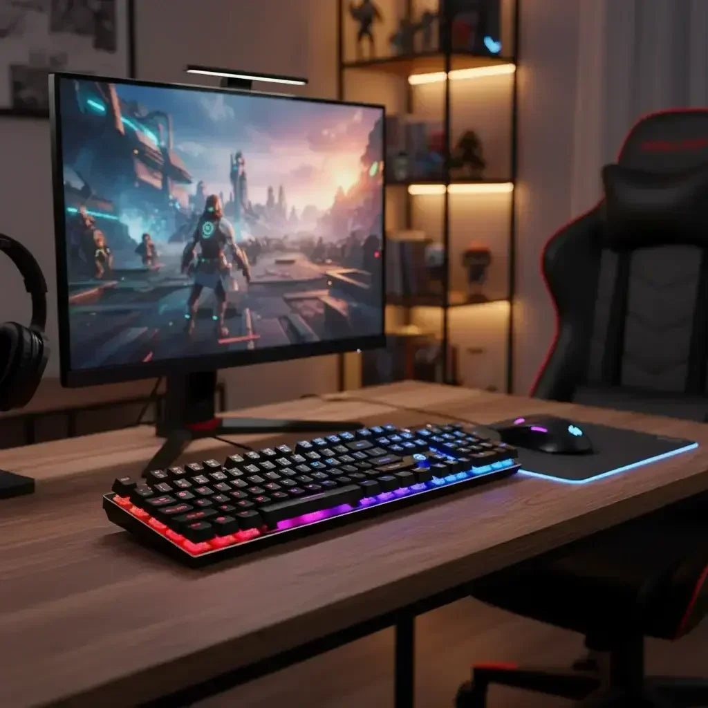 Gaming setup with RGB mechanical keyboard, mouse, and monitor displaying a futuristic video game