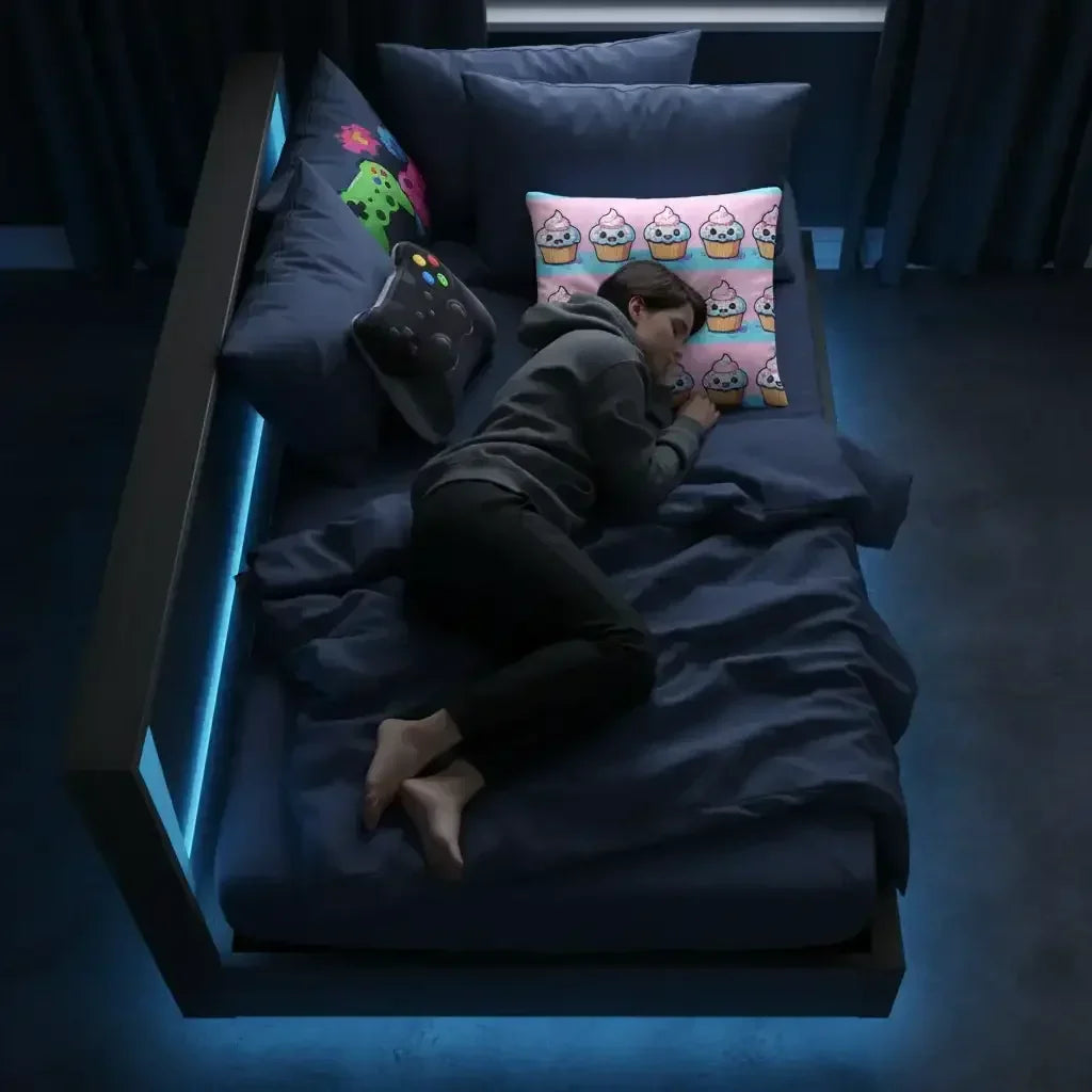 Child sleeping on dark blue bed with cupcake and controller-themed pillows in dimly lit room