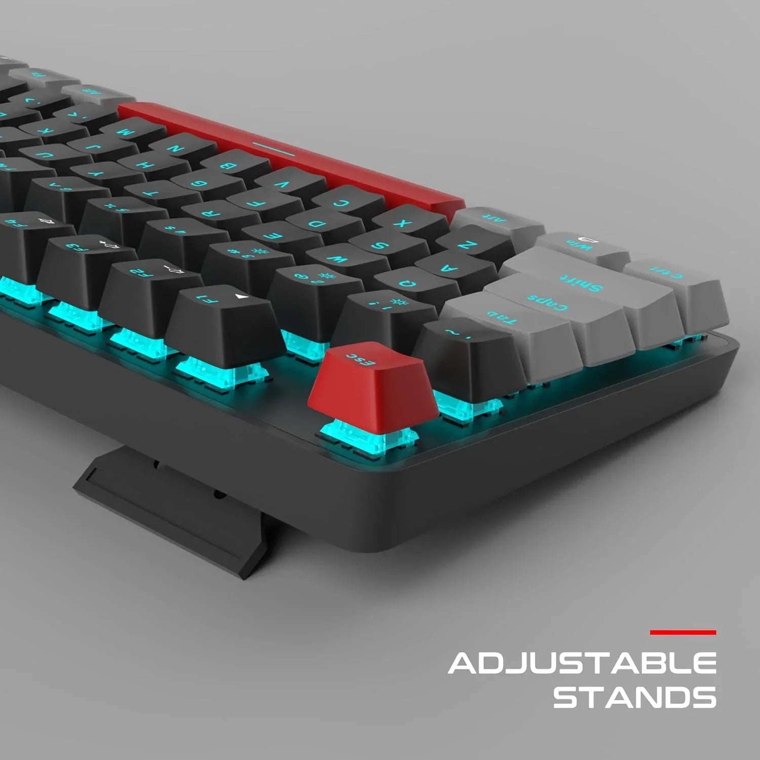 Mechanical gaming keyboard with black, gray, and red keys, blue backlighting, and adjustable stands, retro style