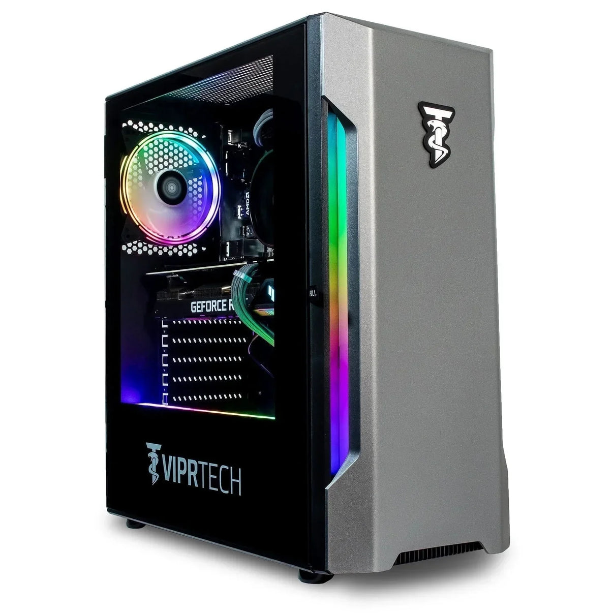VIPRTECH gaming PC tower with tempered glass side panel, RGB lighting, GeForce RTX graphics card
