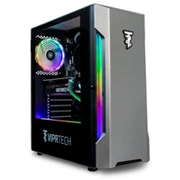 VIPRTECH gaming PC tower with tempered glass side panel, RGB lighting, GeForce RTX graphics card