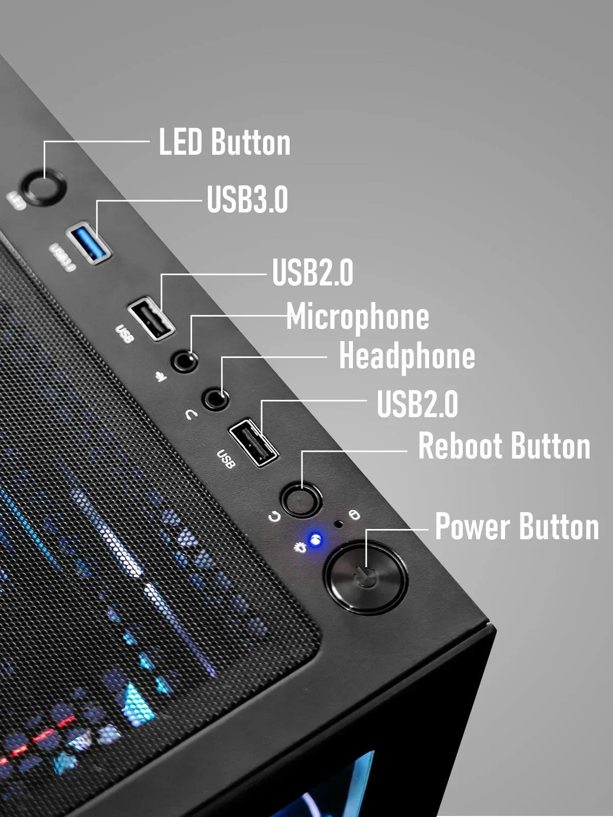 PC case top panel with labeled LED button, USB ports, audio jacks, reboot and power buttons