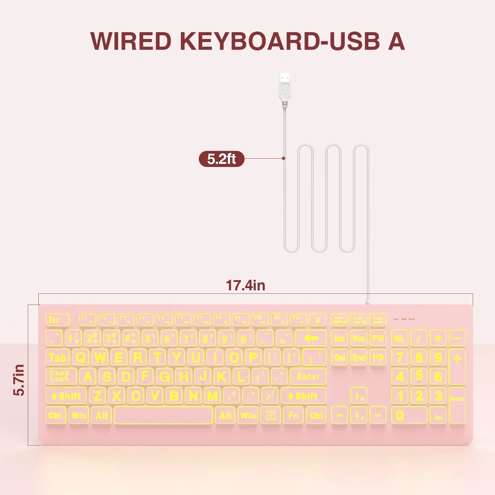 Pink wired USB-A keyboard with yellow keys, 17.4 x 5.7 inches, 5.2 ft cable, retro gaming style.