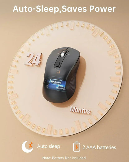 Wireless mouse with auto sleep, long battery life up to 24 months, uses 2 AAA batteries.