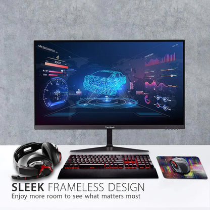 ViewSonic frameless monitor displaying digital car data, gaming keyboard with red backlight, gaming mouse, and headset on white desk