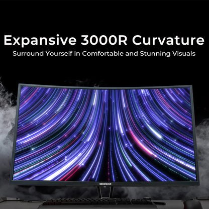 Decogear curved monitor with 3000R curvature displaying colorful light trails, gaming keyboard and mouse