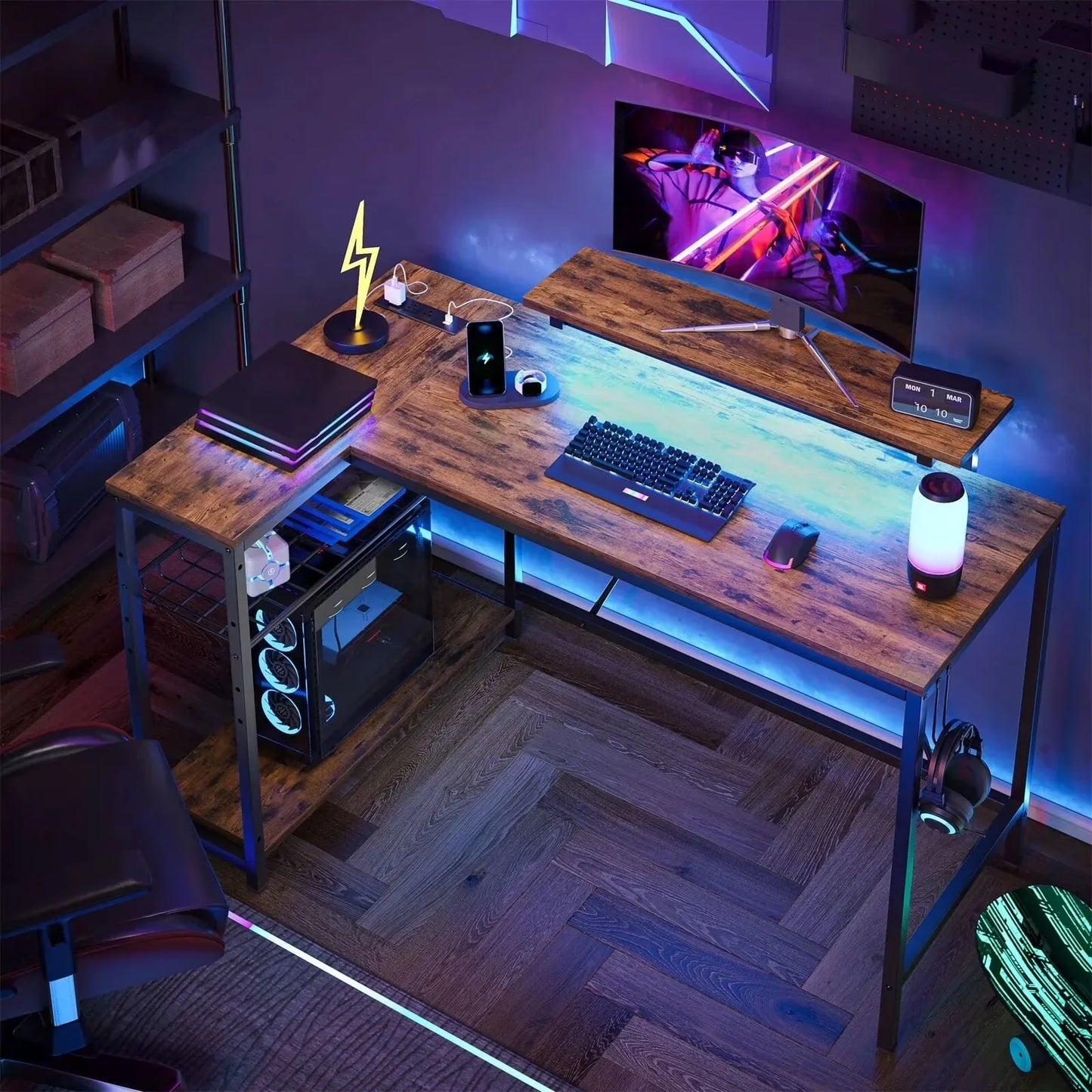 48" L Shaped Desk with LED Lights & Power Outlets, Corner Computer Desk with Monitor Stand for Home Office, Rustic