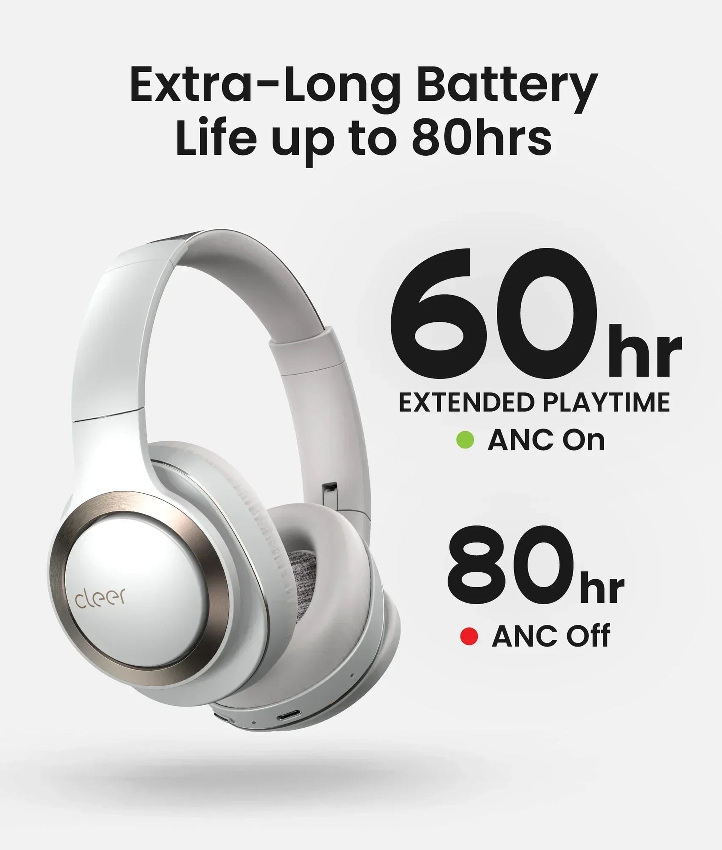 Enduro ANC Bluetooth Headphones, Noise Cancelling, 60 Hours Playtime, Hi-Res Audio, Light Grey
