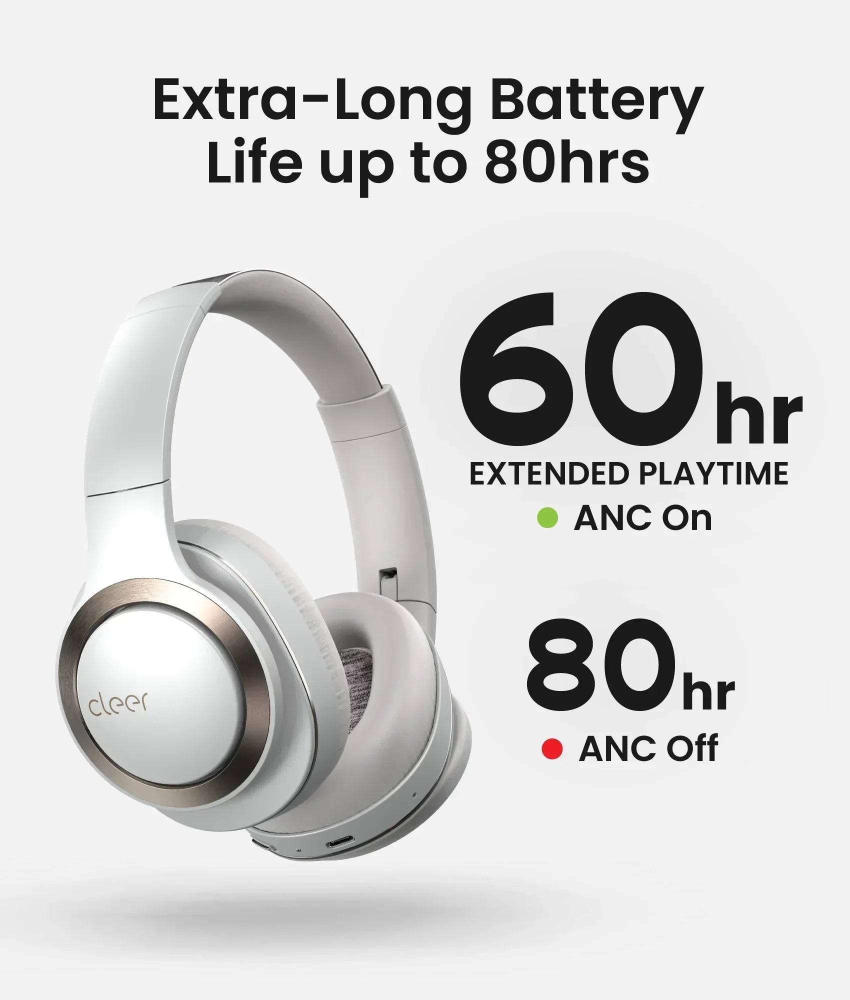 Enduro ANC Bluetooth Headphones, Noise Cancelling, 60 Hours Playtime, Hi-Res Audio, Light Grey