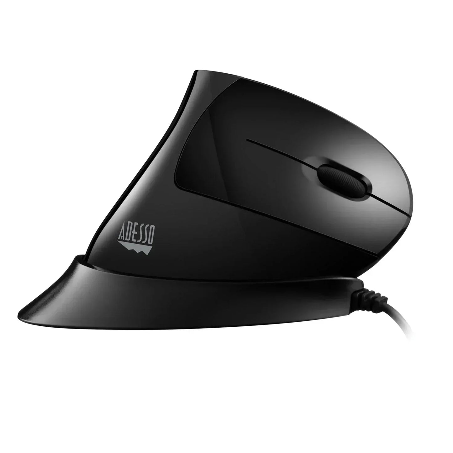 Black ergonomic vertical wired gaming mouse with Adesso logo on white background