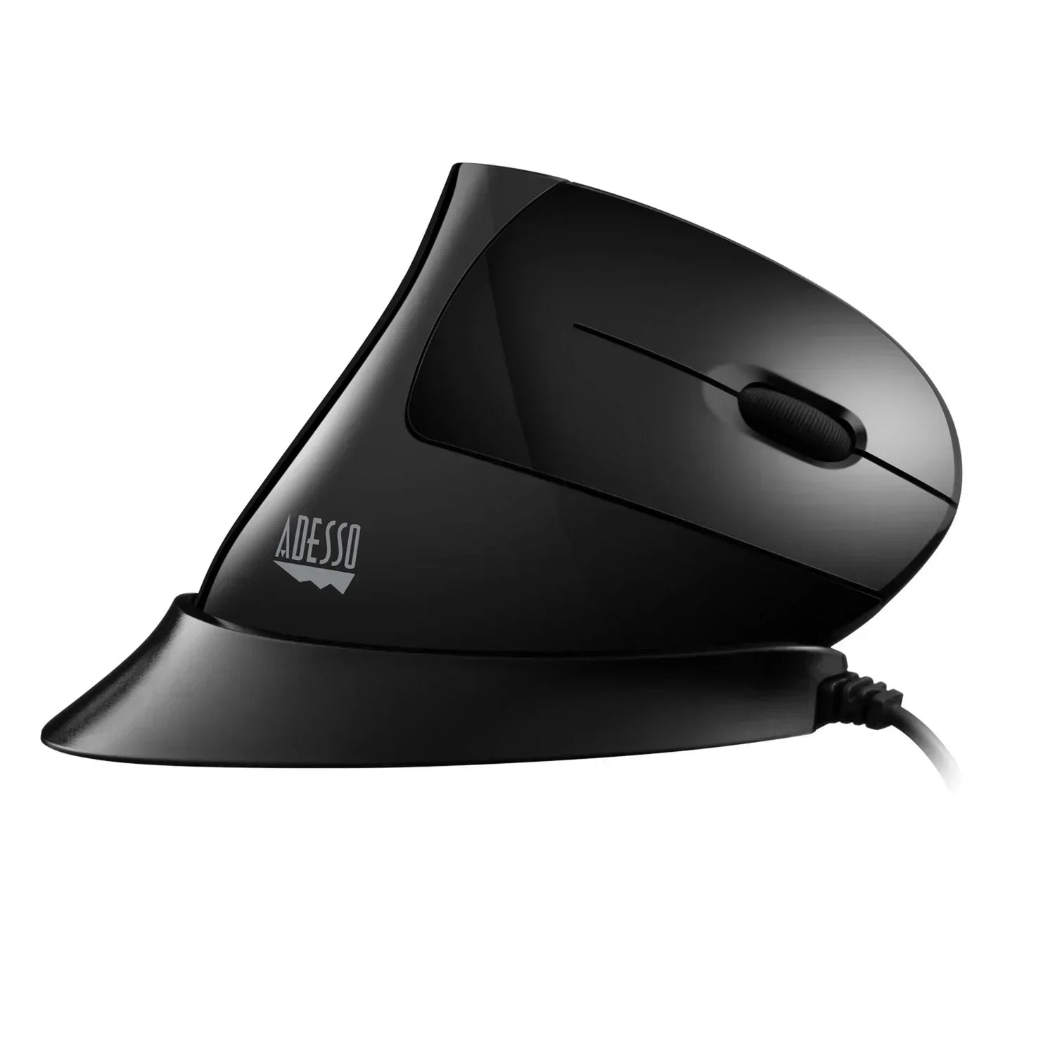 Black ergonomic vertical wired gaming mouse with Adesso logo on white background