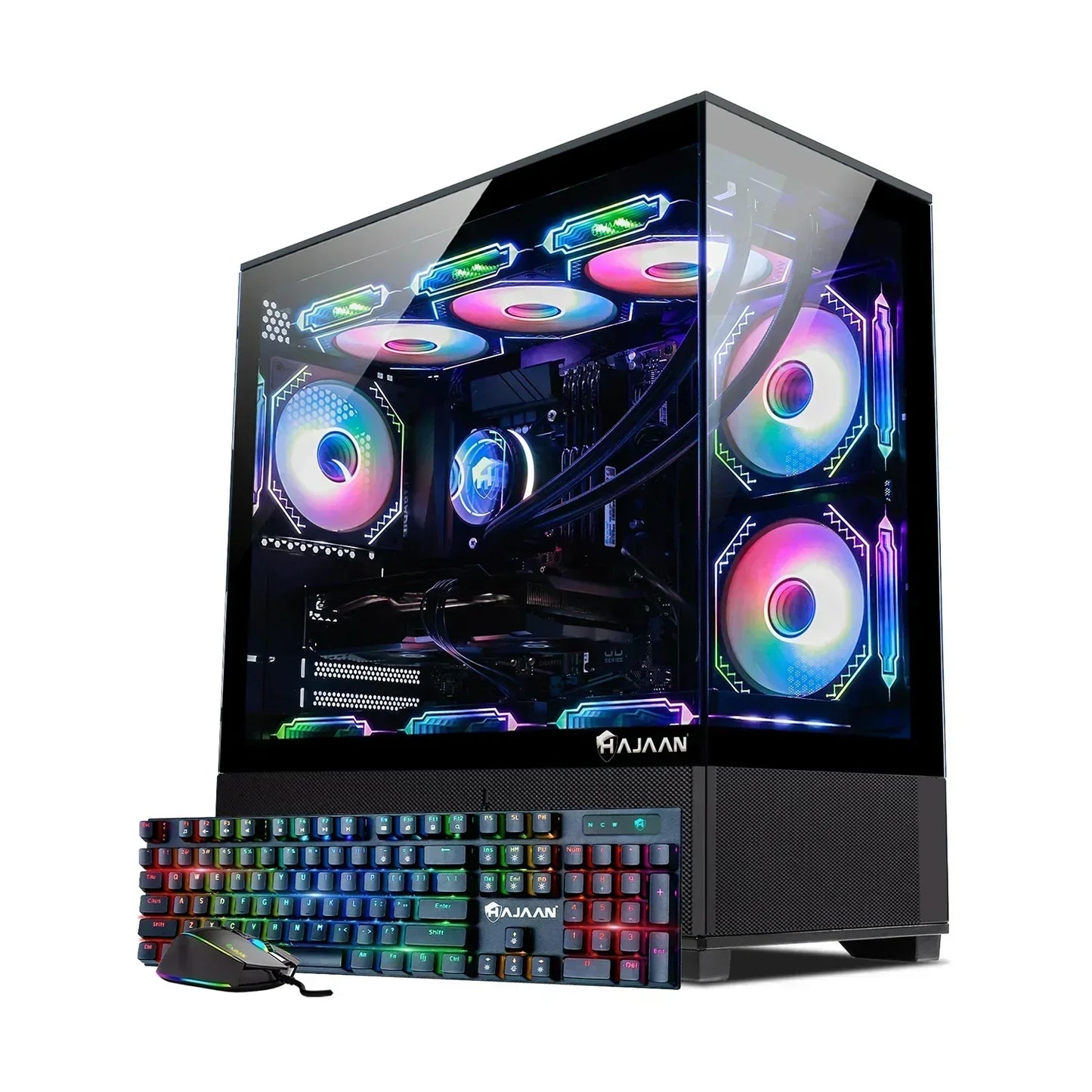 RGB gaming PC with glass case, mechanical keyboard, and gaming mouse