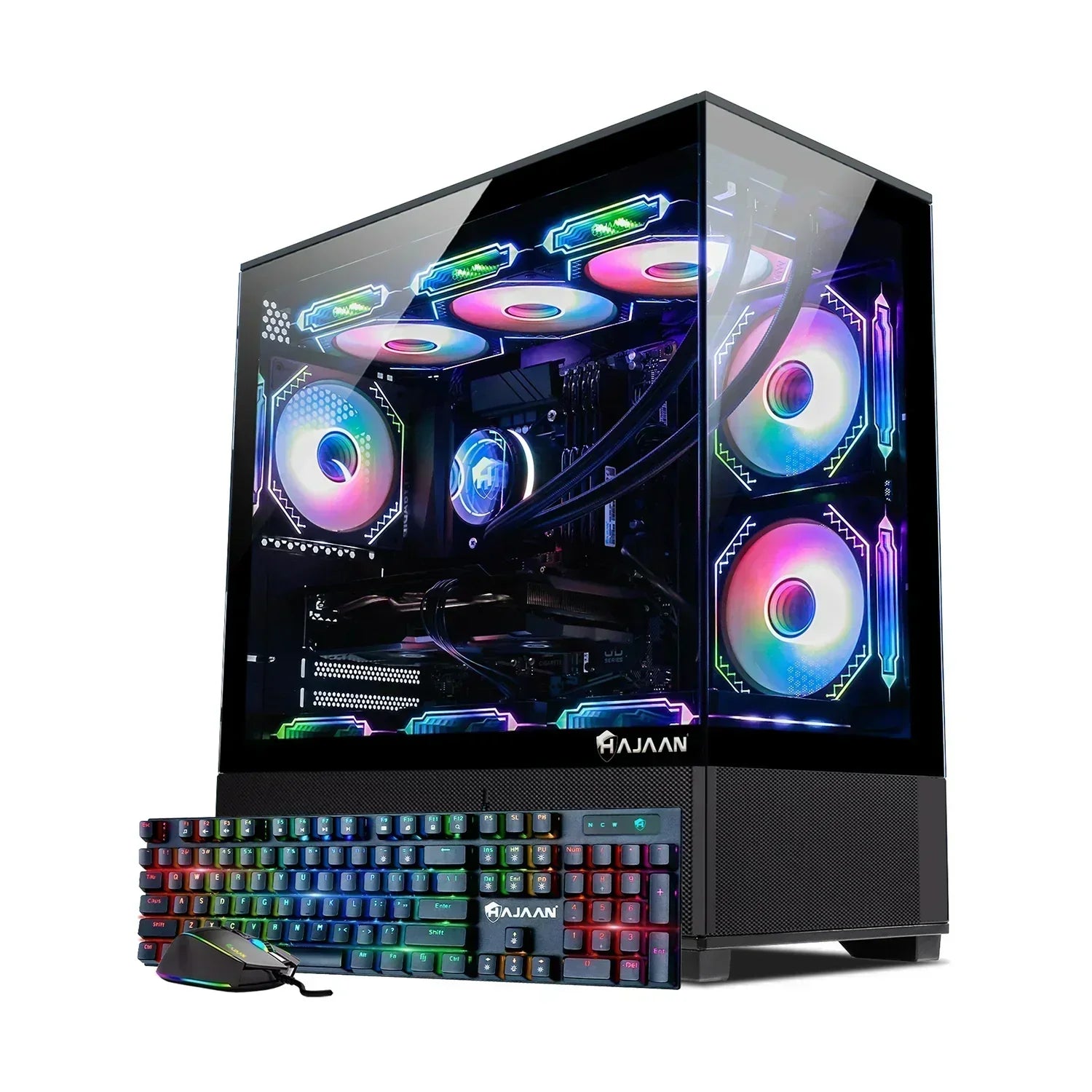 RGB gaming PC with glass case, mechanical keyboard, and gaming mouse