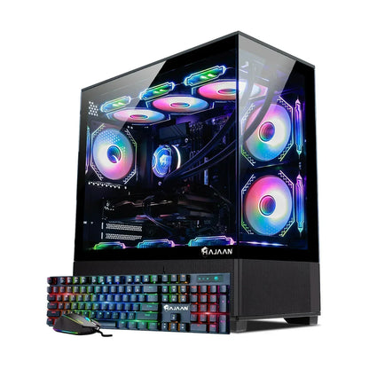 RGB gaming PC with glass case, mechanical keyboard, and gaming mouse