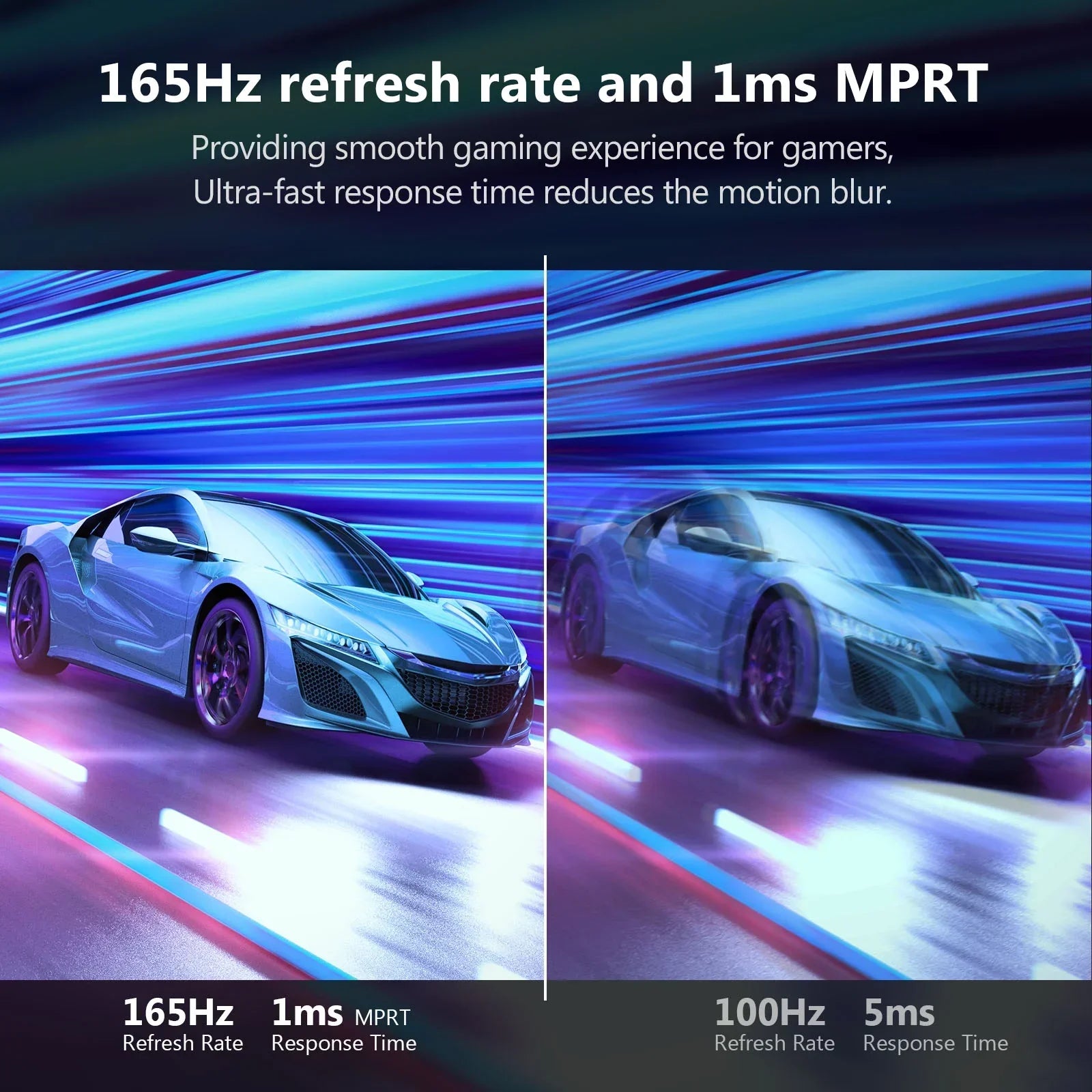 Comparison of smoothness between 165Hz refresh rate with 1ms response and 100Hz refresh rate with 5ms response using a blue sports car image