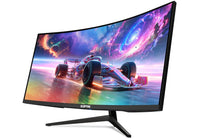 Curved Sceptre gaming monitor displaying colorful futuristic race car and cosmic background
