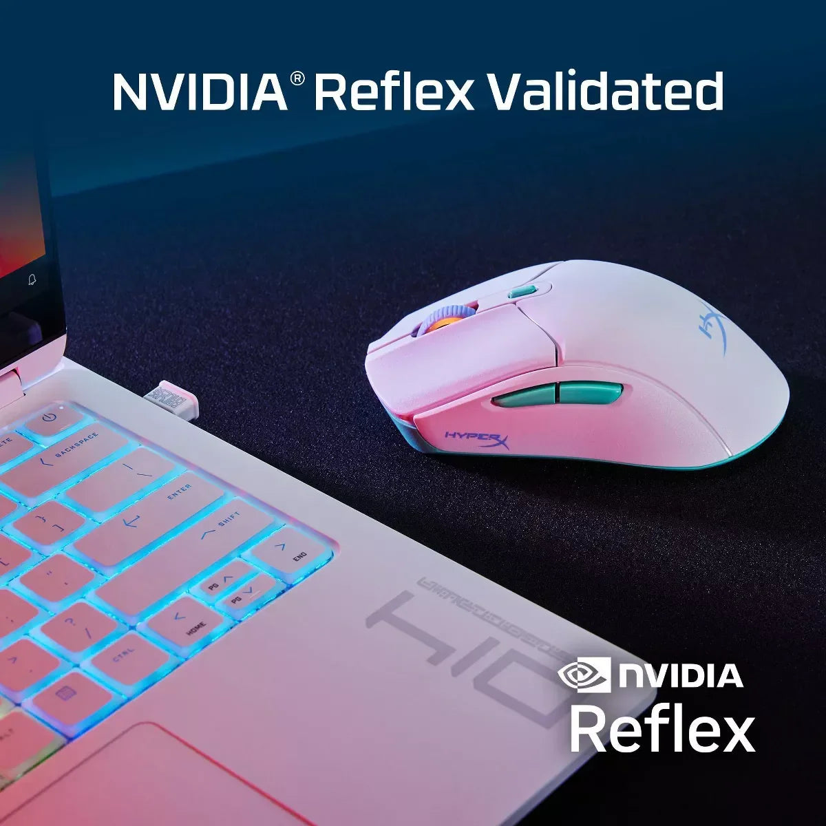 White HyperX gaming mouse next to a white Laptop with blue backlit keys on black surface, NVIDIA Reflex validated