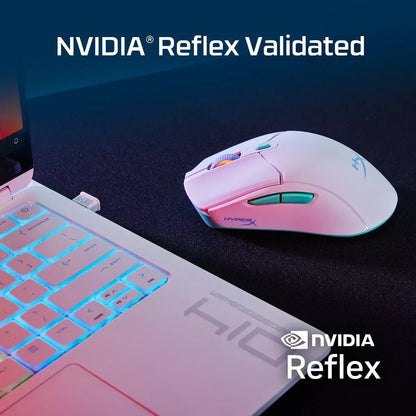 White HyperX gaming mouse next to a white Laptop with blue backlit keys on black surface, NVIDIA Reflex validated