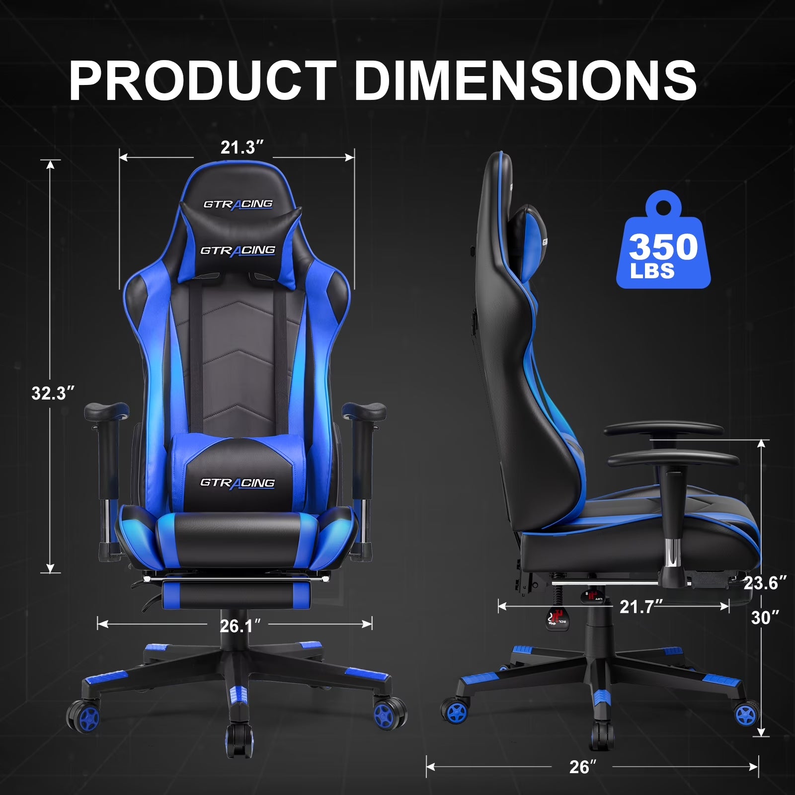 Blue and black GTRACING gaming chair with dimensions and 350 lbs weight capacity shown