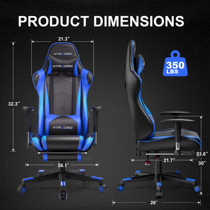 Blue and black GTRACING gaming chair with dimensions and 350 lbs weight capacity shown
