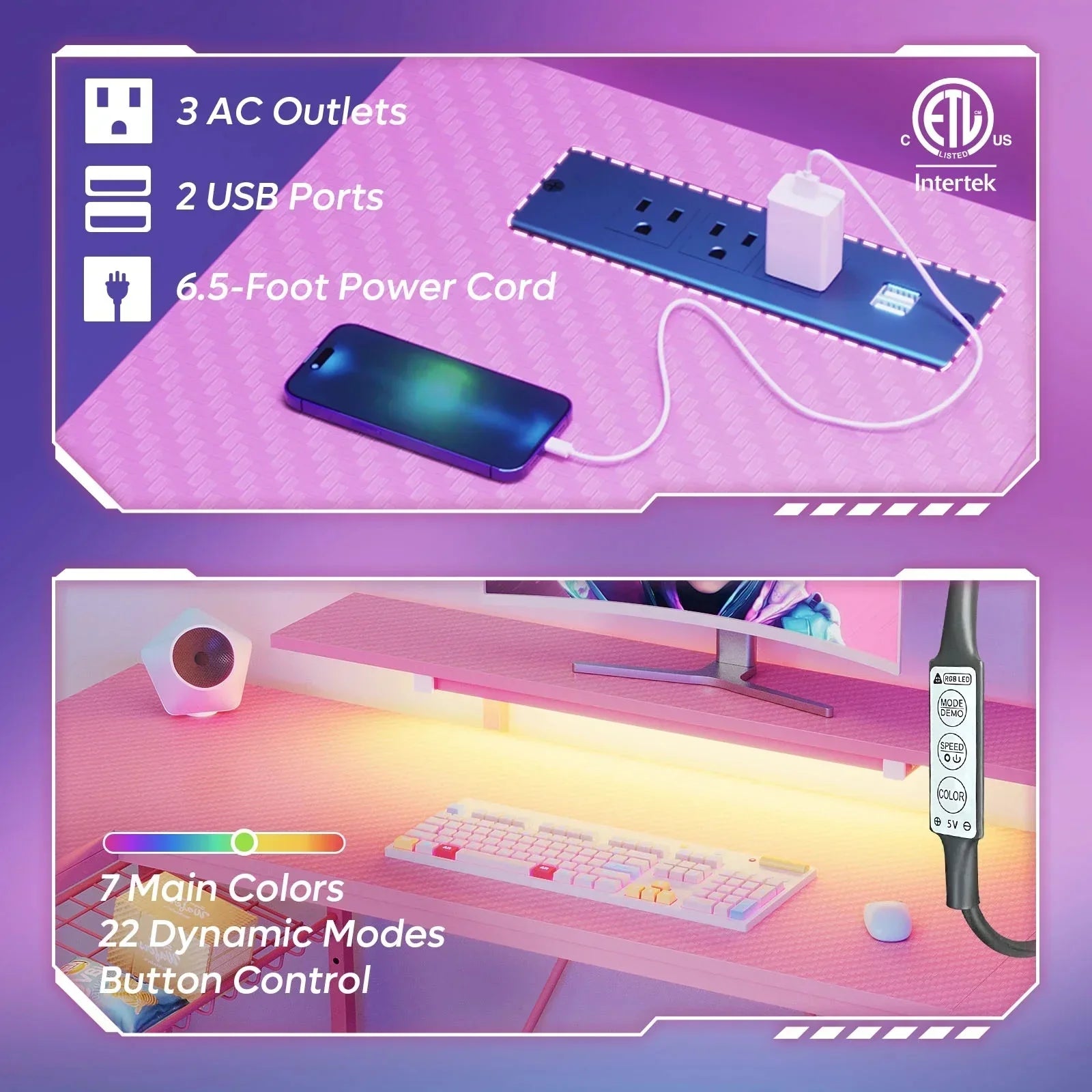 63" Gaming Desk with LED Lights, U-Shaped Computer Desk with Outlets & Monitor Stand, Home Office Desk with Storage Shelves in Pink