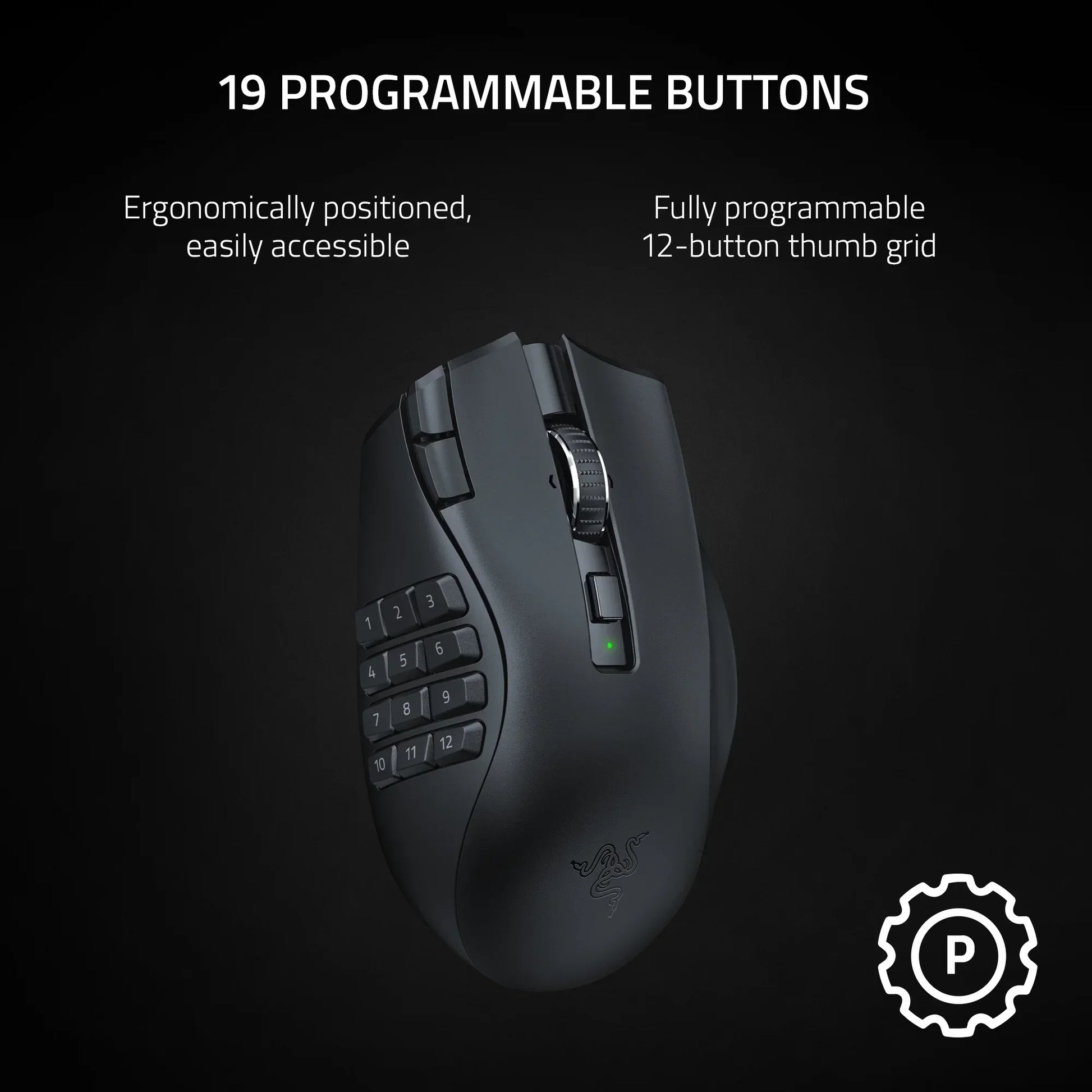 Black ergonomic gaming mouse with 19 programmable buttons and 12-button thumb grid