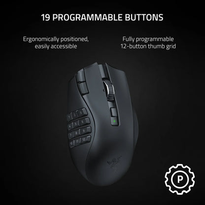 Black ergonomic gaming mouse with 19 programmable buttons and 12-button thumb grid