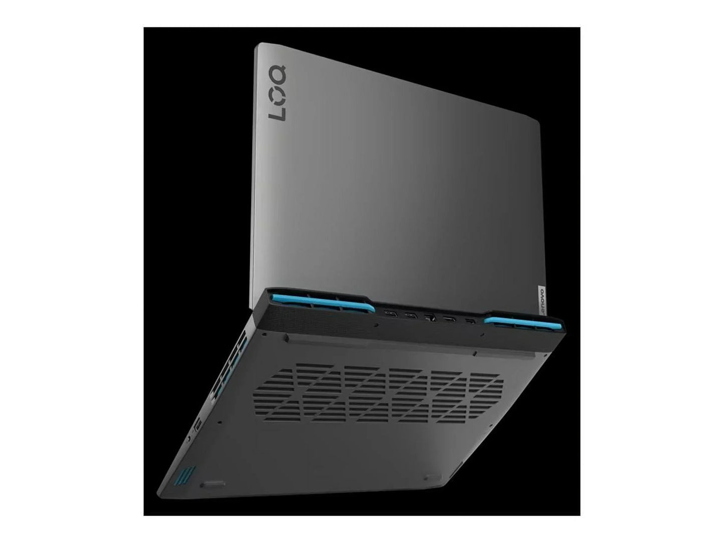 Lenovo LOQ gray gaming laptop partially open, rear ventilation, black background