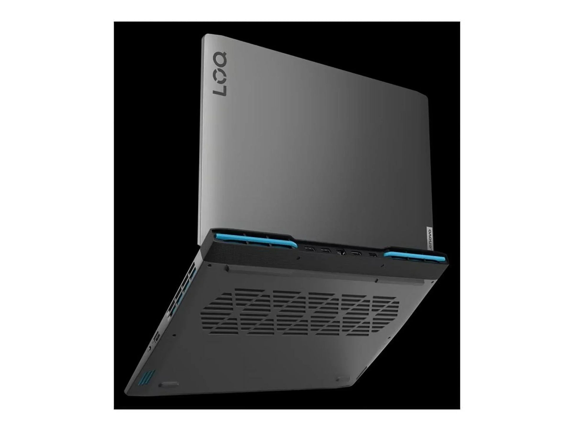 Lenovo LOQ gray gaming laptop partially open, rear ventilation, black background
