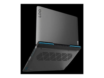 Lenovo LOQ gray gaming laptop partially open, rear ventilation, black background