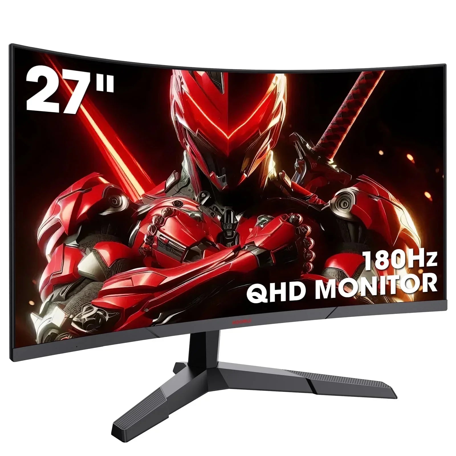 27-inch curved QHD gaming monitor with 180Hz refresh rate displaying red futuristic armored warrior