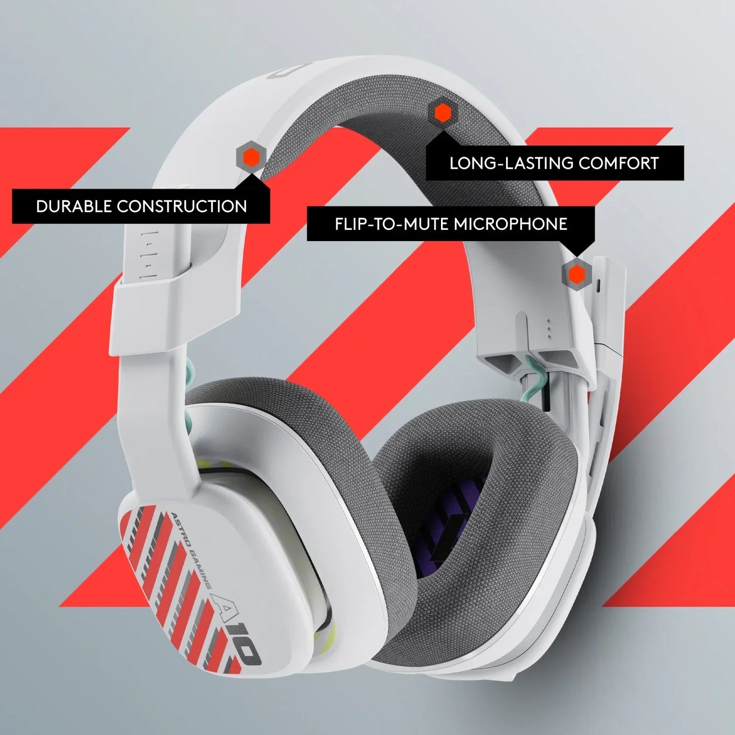 White Astro A10 gaming headset with gray ear cushions, flip-to-mute microphone, durable design