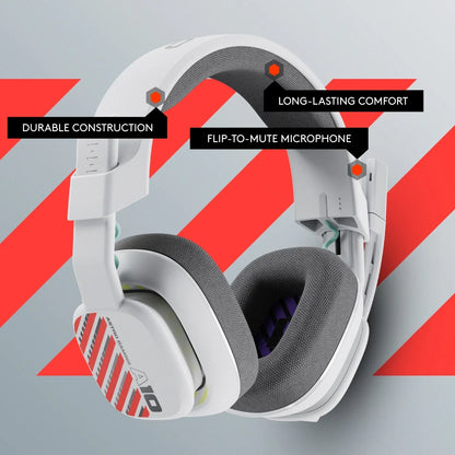 White Astro A10 gaming headset with gray ear cushions, flip-to-mute microphone, durable design