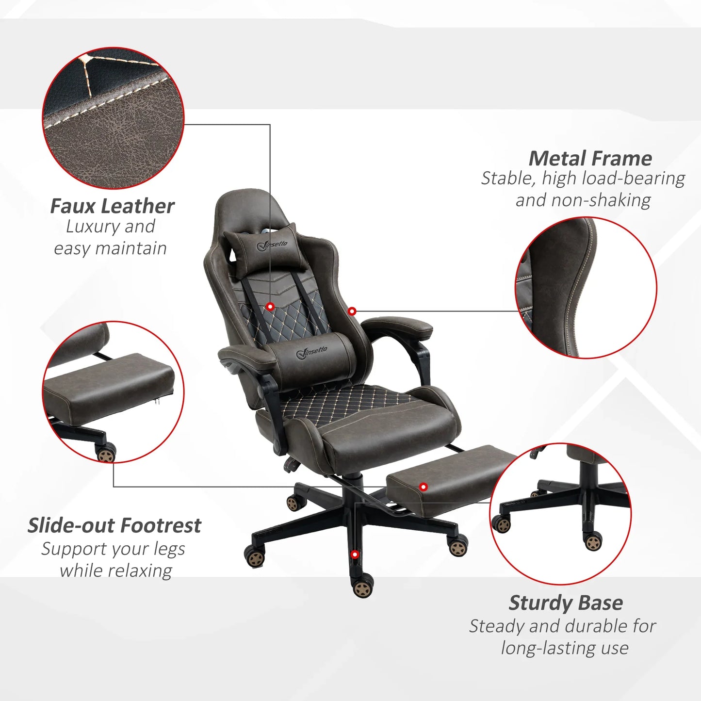 Gaming chair with faux leather, metal frame, slide-out footrest, and sturdy base for comfort and durability